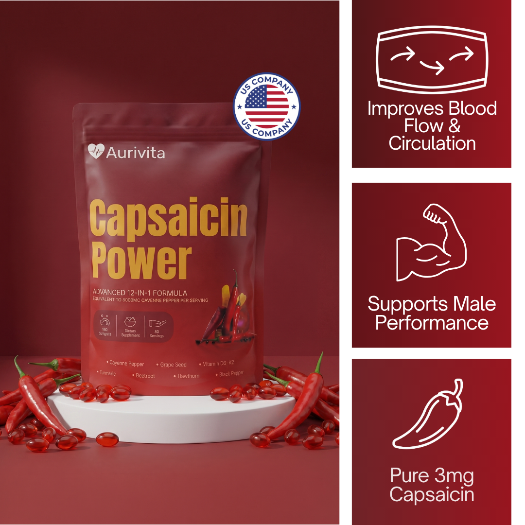 Aurivita Capsaicin Power package with chili peppers on a red background