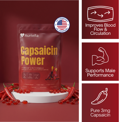 Aurivita Capsaicin Power package with chili peppers on a red background