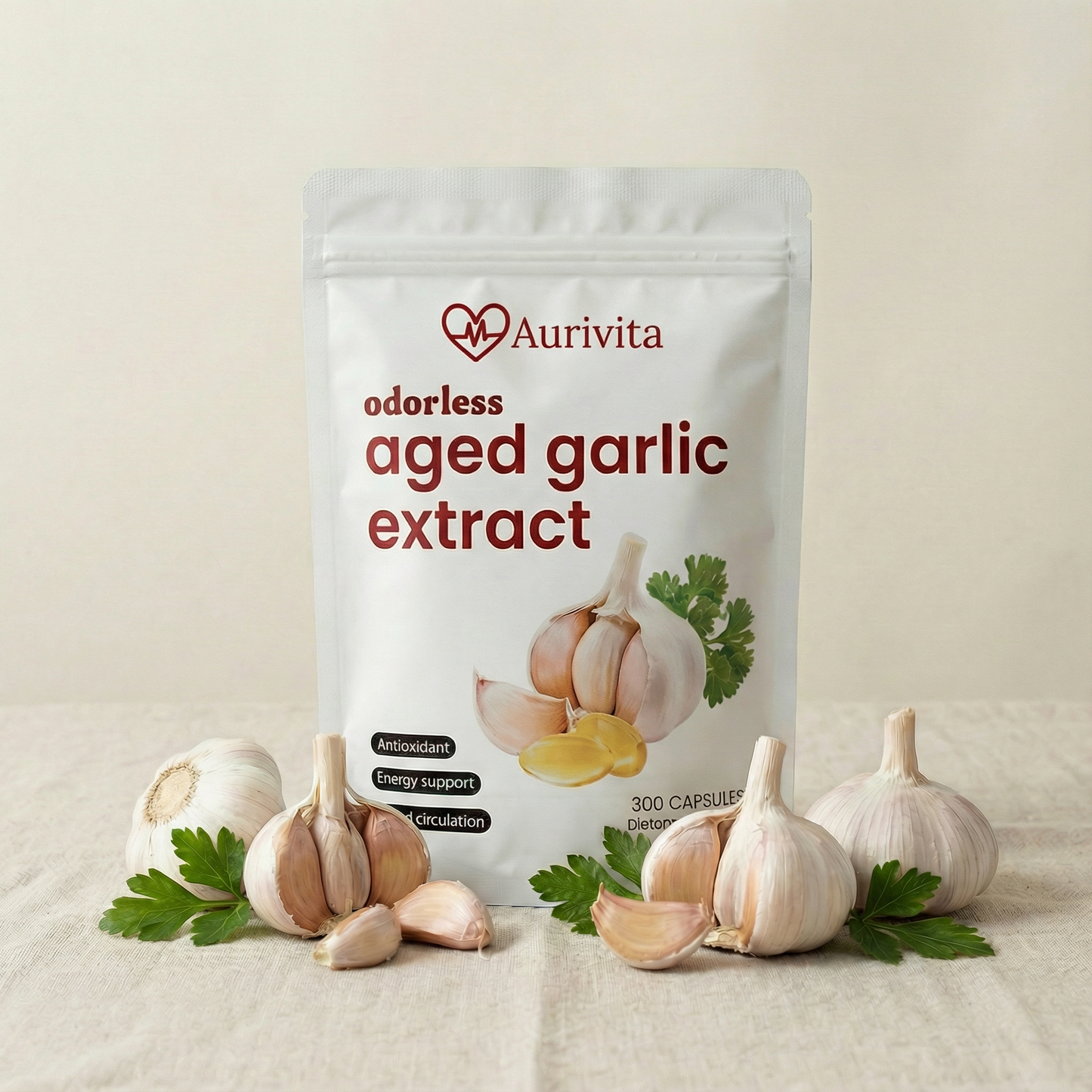 Aurivita odorless aged garlic extract package with garlic bulbs on a beige background